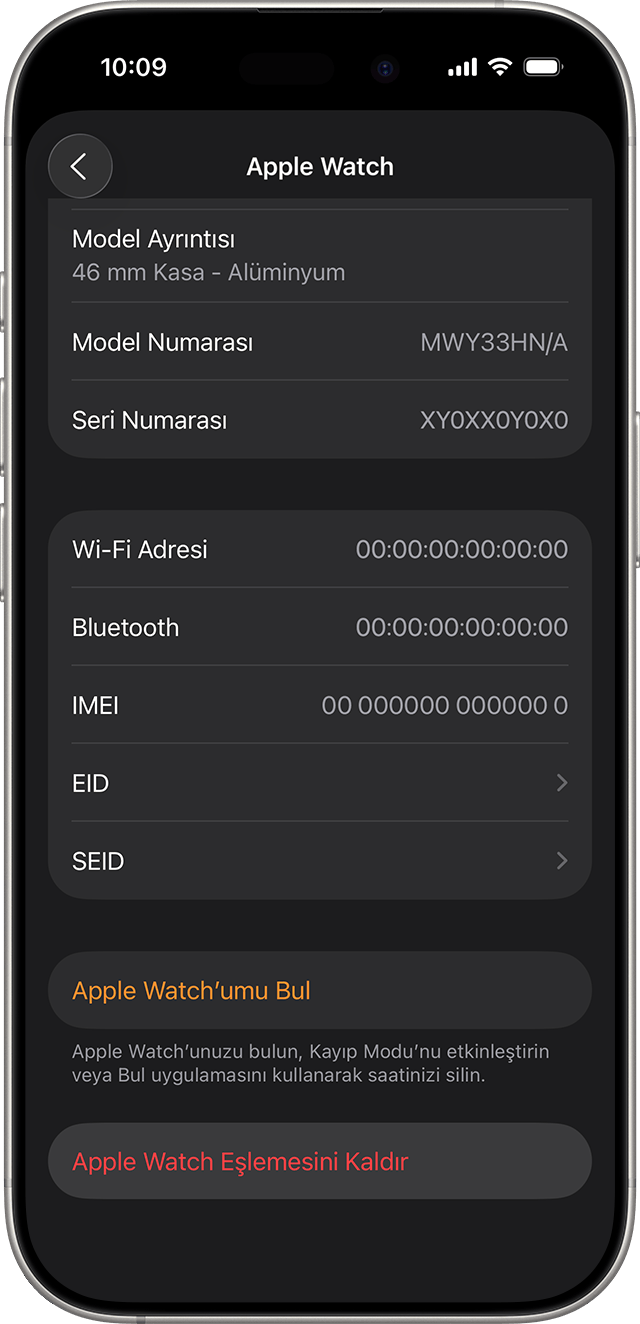 Apple Watch Eşlemesini Kaldır seçeneğinin gösterildiği iPhone ekranı
