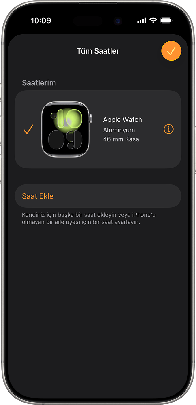 Apple Watch uygulamasında Tüm Saatler'in gösterildiği iPhone ekranı