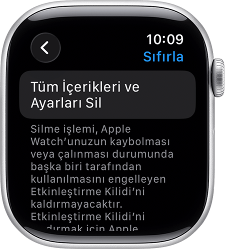 Tüm İçerikleri ve Ayarları Sil seçeneğinin gösterildiği Apple Watch