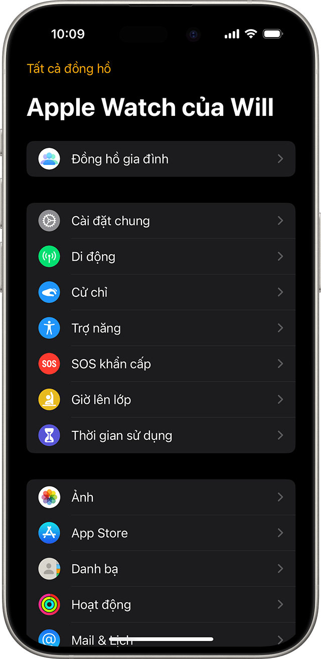 iPhone hiển thị màn hình Cài đặt cho Apple Watch được quản lý