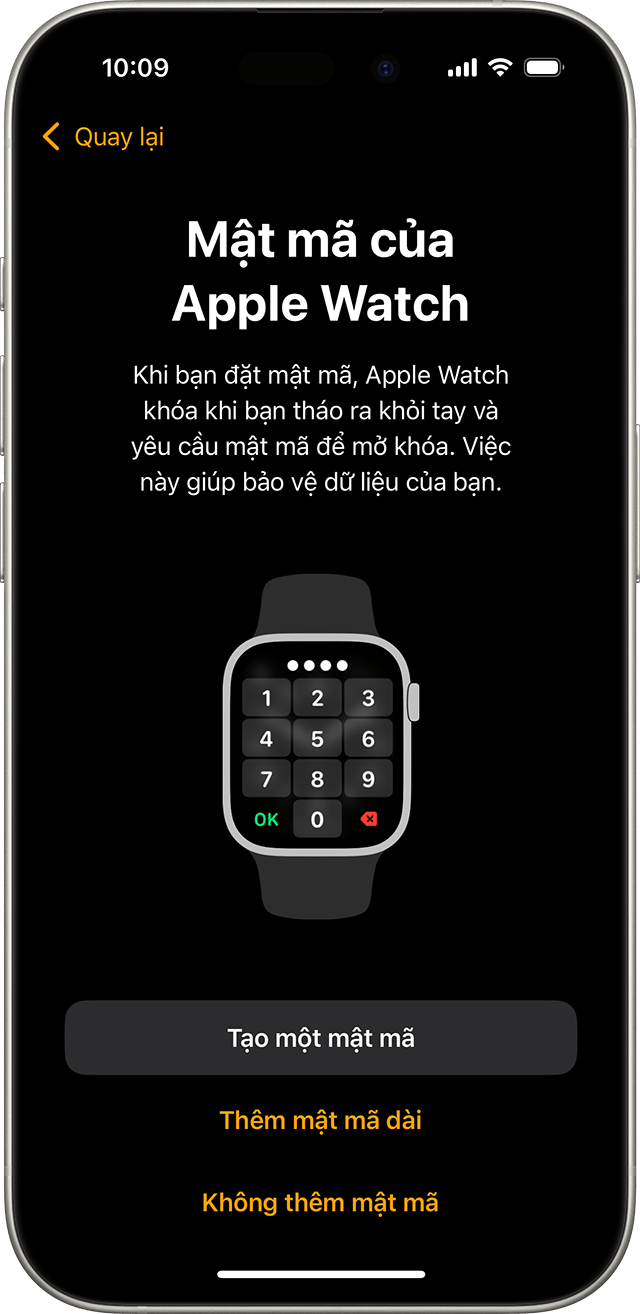iPhone hiển thị màn hình thiết lập mật mã cho Apple Watch