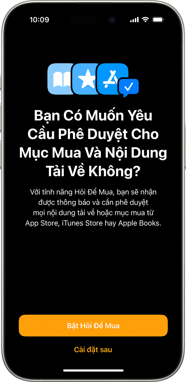 iPhone hiển thị màn hình để người dùng bật tính năng Hỏi để mua