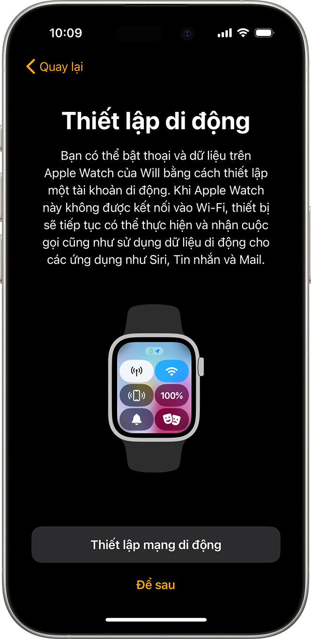 iPhone hiển thị màn hình thiết lập mạng di động cho Apple Watch