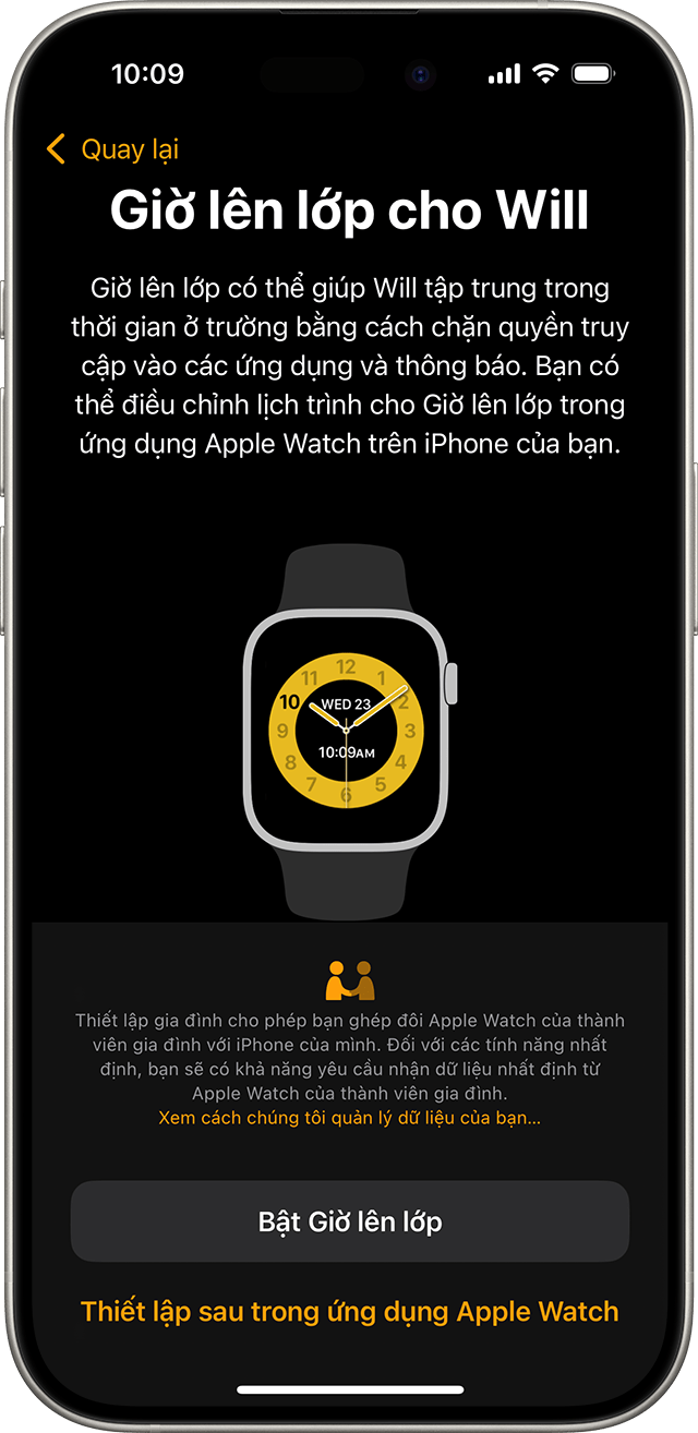 iPhone hiển thị màn hình thiết lập Giờ lên lớp cho Apple Watch