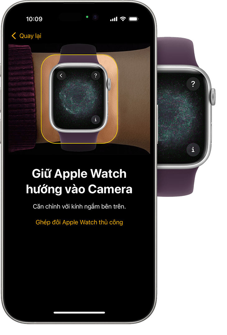 Apple Watch và iPhone hiển thị hình động ghép đôi trên mỗi thiết bị