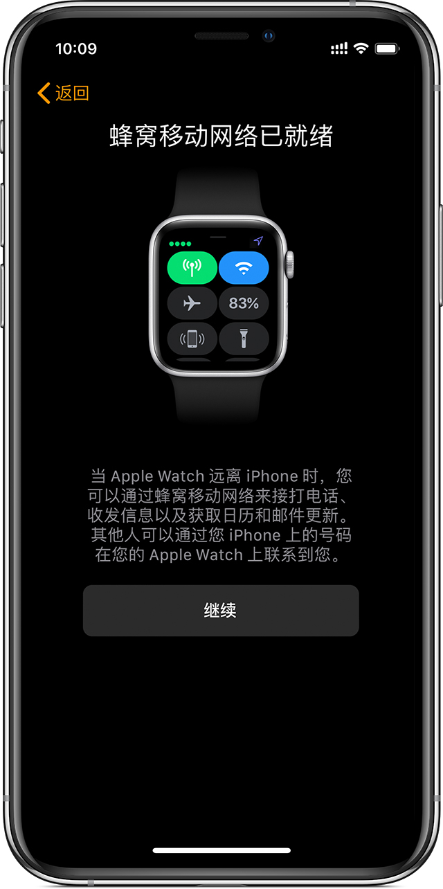iPhone 的蜂窝网络设置屏幕,显示着 Apple Watch 上的蜂窝网络已就绪。