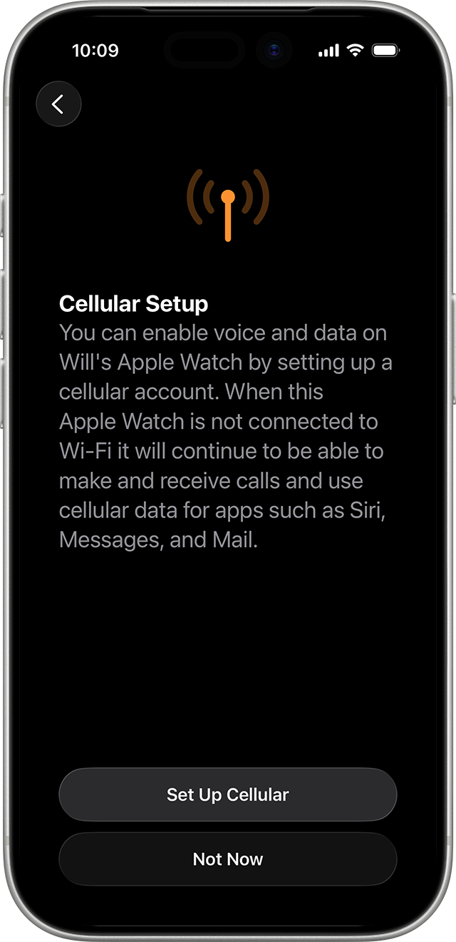 iPhone showing the Apple Watch cellular setup screen