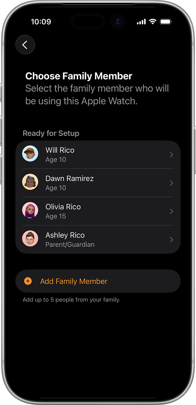 iPhone showing the screen on which a user chooses a family member who will use the watch