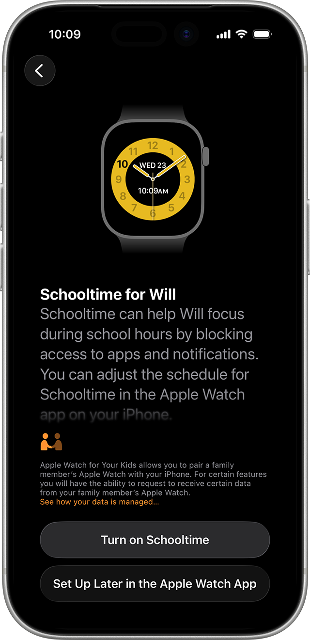 iPhone showing the Apple Watch Schooltime setup screen