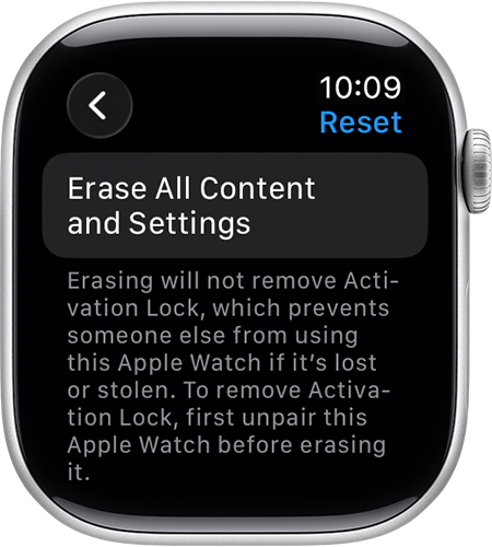 Apple Watch showing Erase All Content and Settings