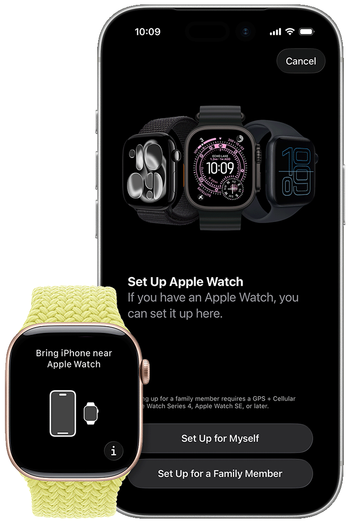 Apple Watch and iPhone showing the pairing screens on each device