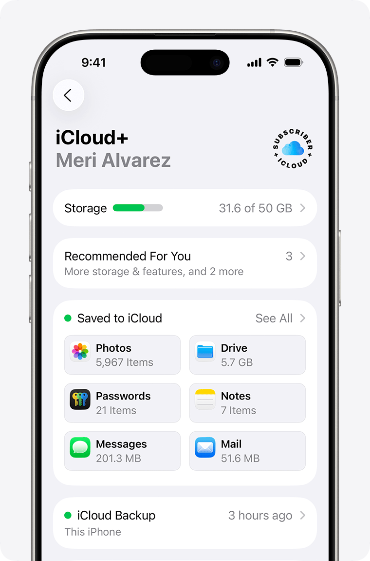 An iPhone screen showing iCloud settings. See All is next to Saved to iCloud.