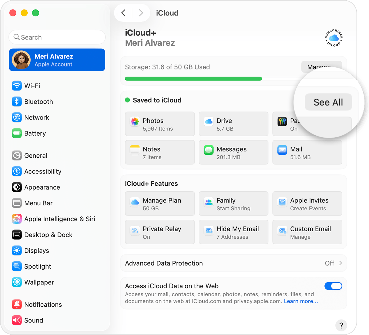 A Mac screen showing iCloud settings. See All is next to Saved to iCloud.