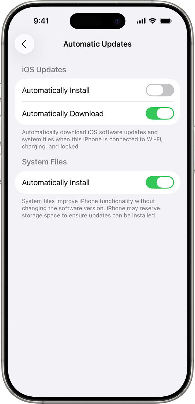 Controls for automatically installing and downloading iOS updates and system files.