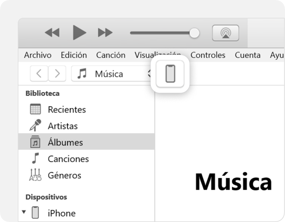 Un ícono de iPhone en la barra de herramientas de iTunes.