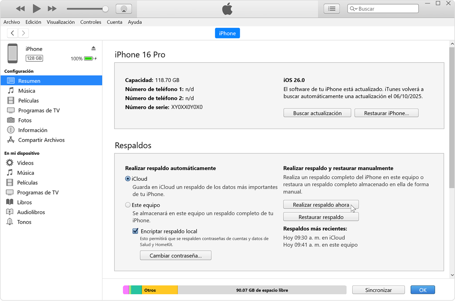 Cursor sobre el botón Realizar respaldo ahora en iTunes para Windows.