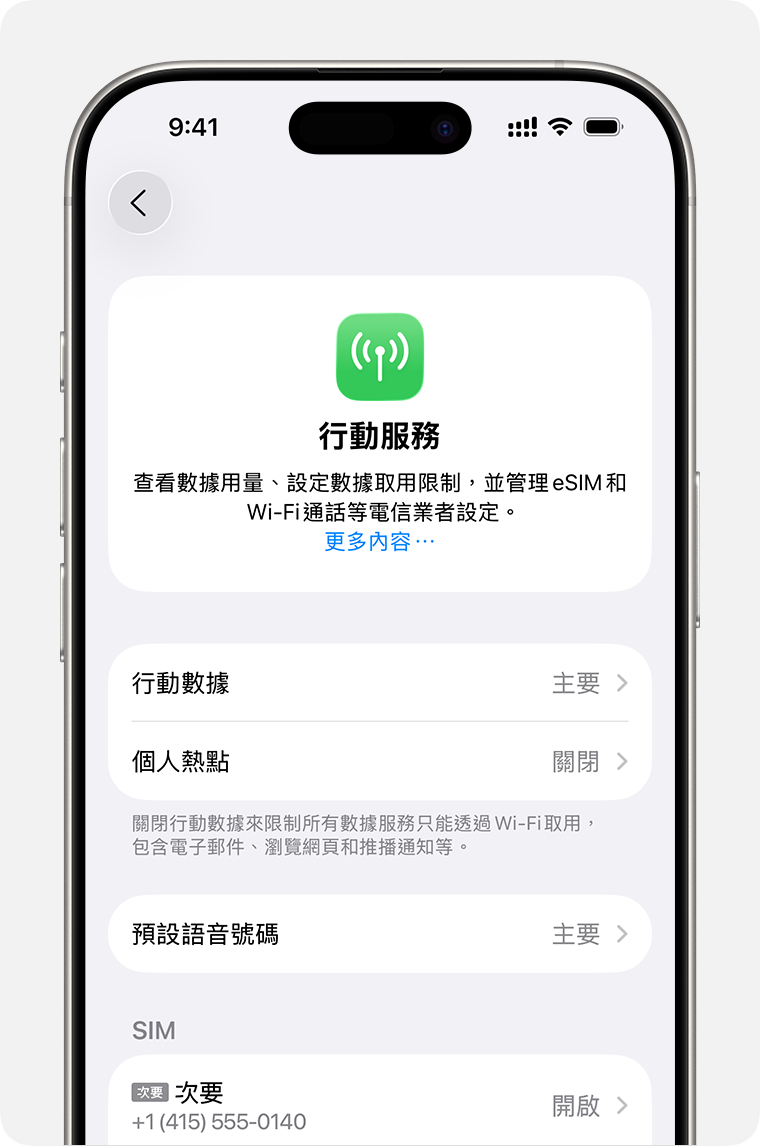 iPhone 螢幕顯示為每個方案管理行動網路設定的畫面