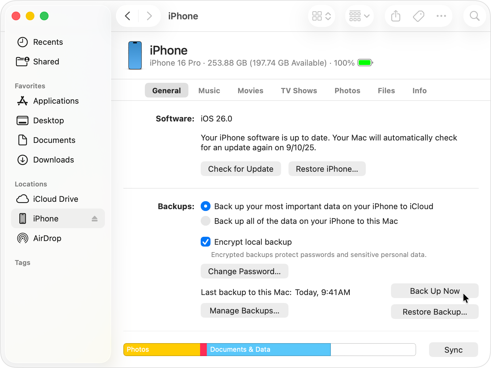 Cursor hovering over the Back Up Now button in the Finder.