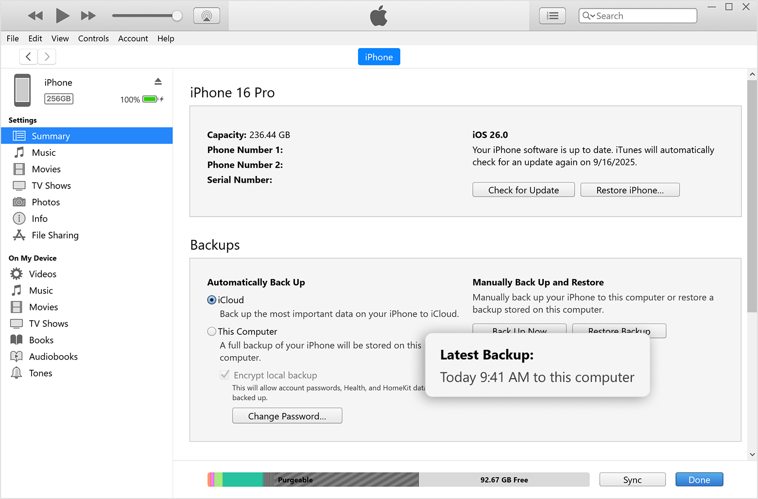 The date and time of a connected device's most recent local backup in iTunes for Windows.