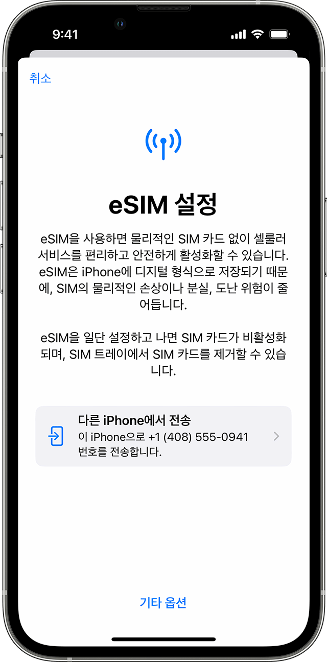 다른 iPhone에서 셀룰러 요금제를 전송할 수 있는 옵션이 있는 eSIM 설정이 표시된 iPhone 스크린샷.