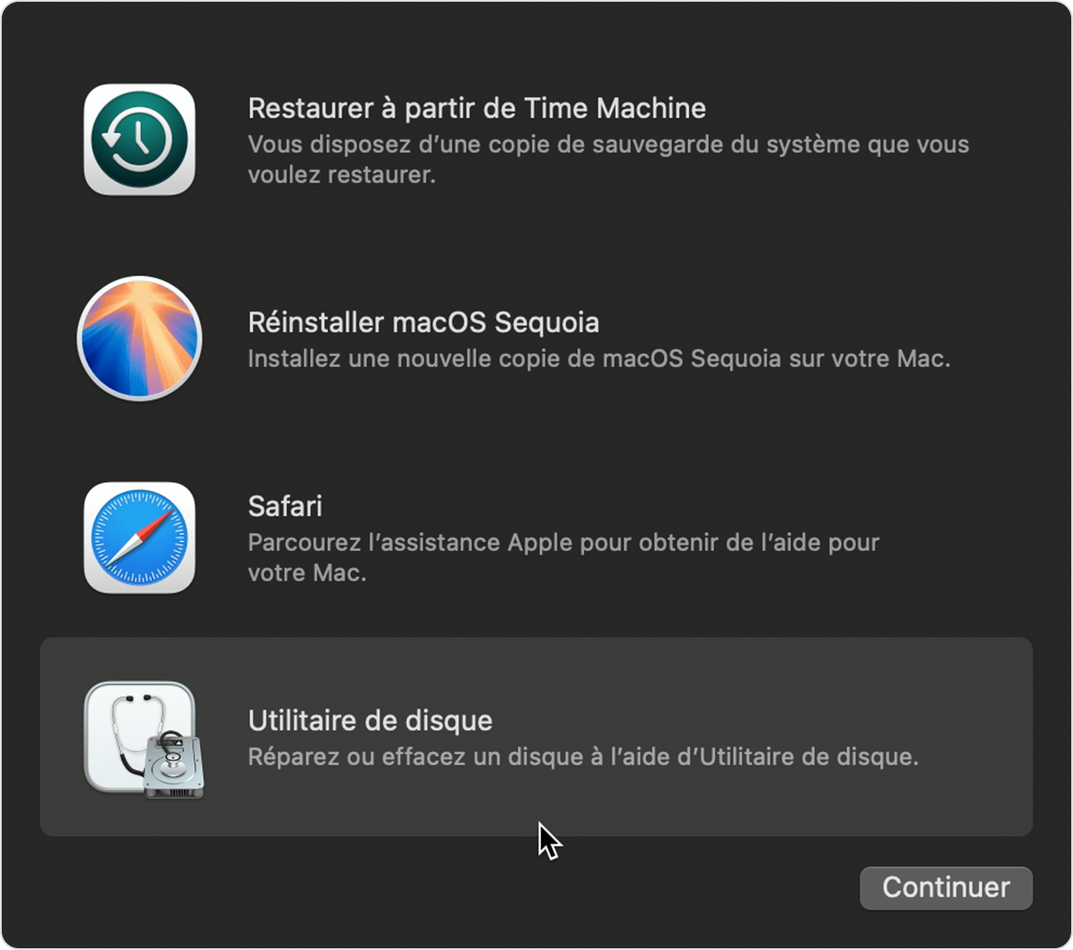 Fenêtre des utilitaires de la fonctionnalité de récupération de macOS