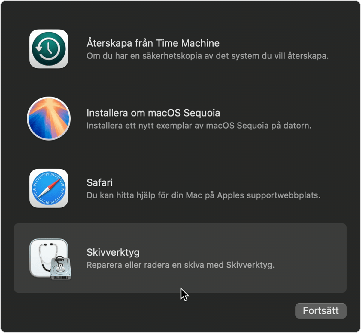 Fönstret Verktyg i macOS Återställning