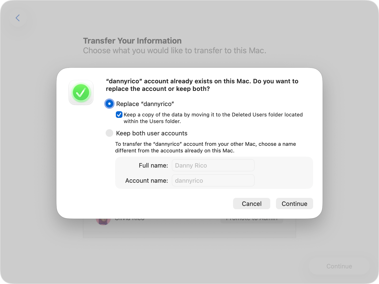 Migration Assistant showing the replace-or-keep options for an existing account.