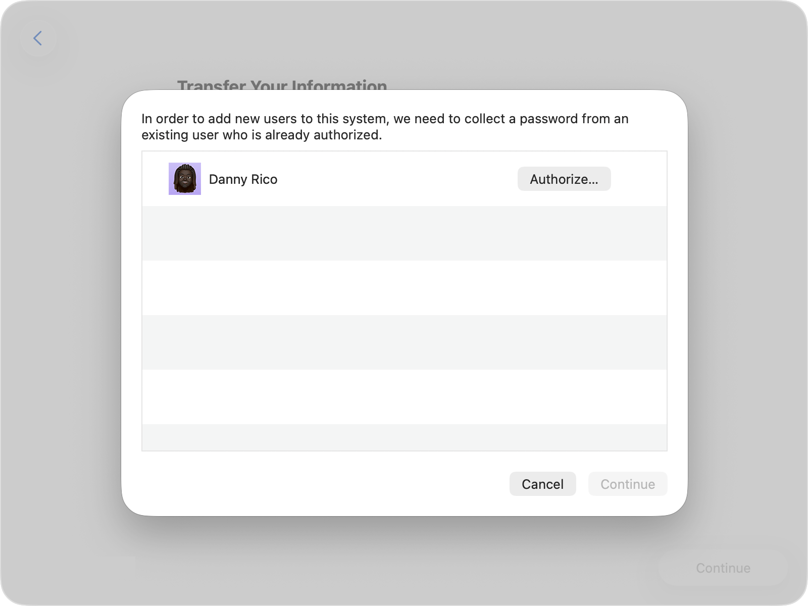Migration Assistant asking for the password of an existing account to authorize the transfer.