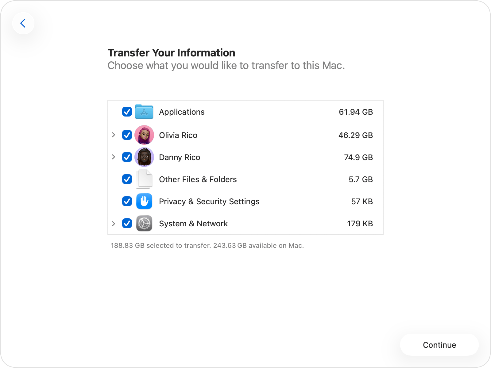 Migration Assistant showing the various categories of information.