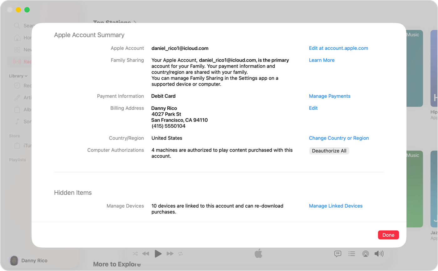 Apple Music app on Mac showing the Account Information page and the Deauthorize All button.