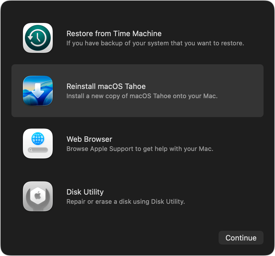 Utilities window in macOS Recovery