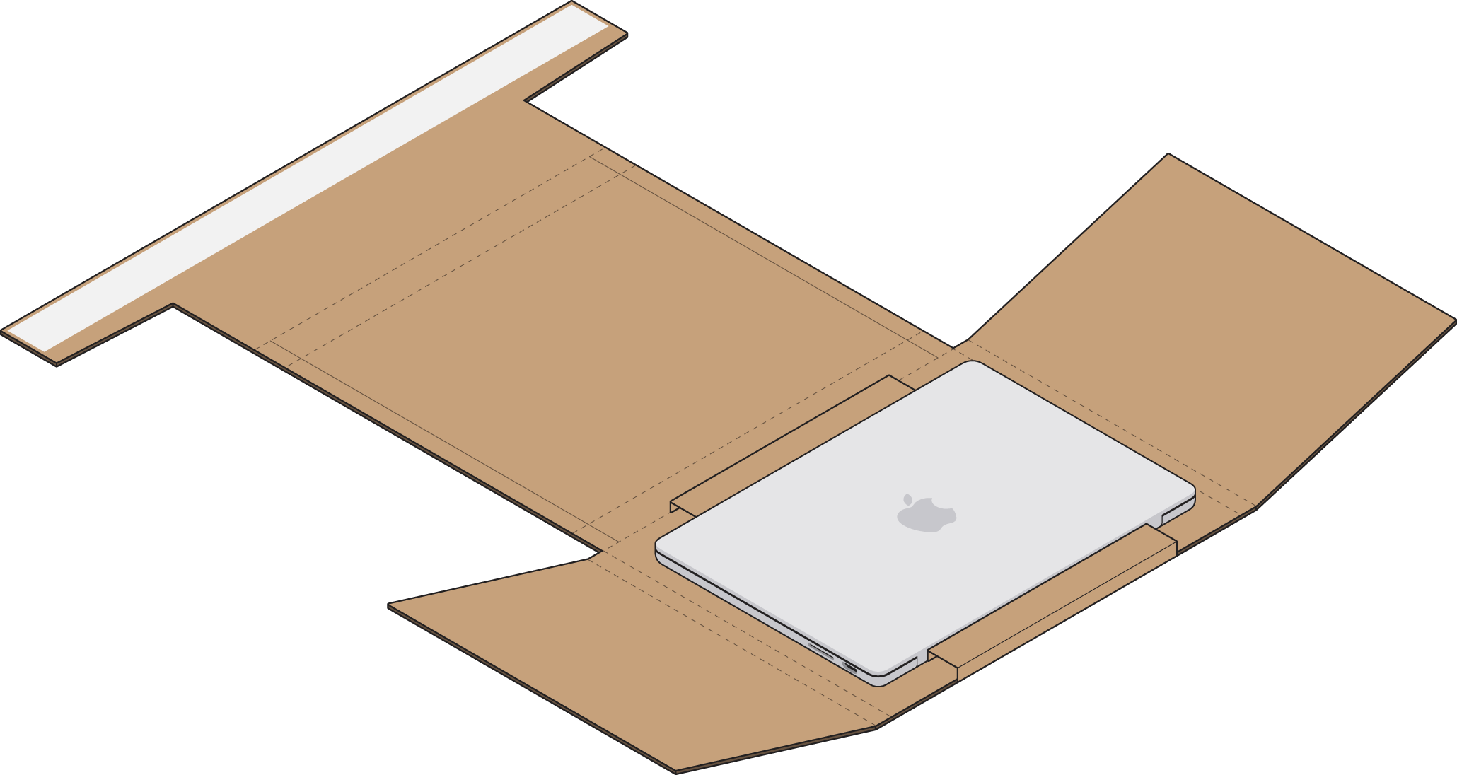 MacBook geplaatst in opengevouwen kartonnen mailer