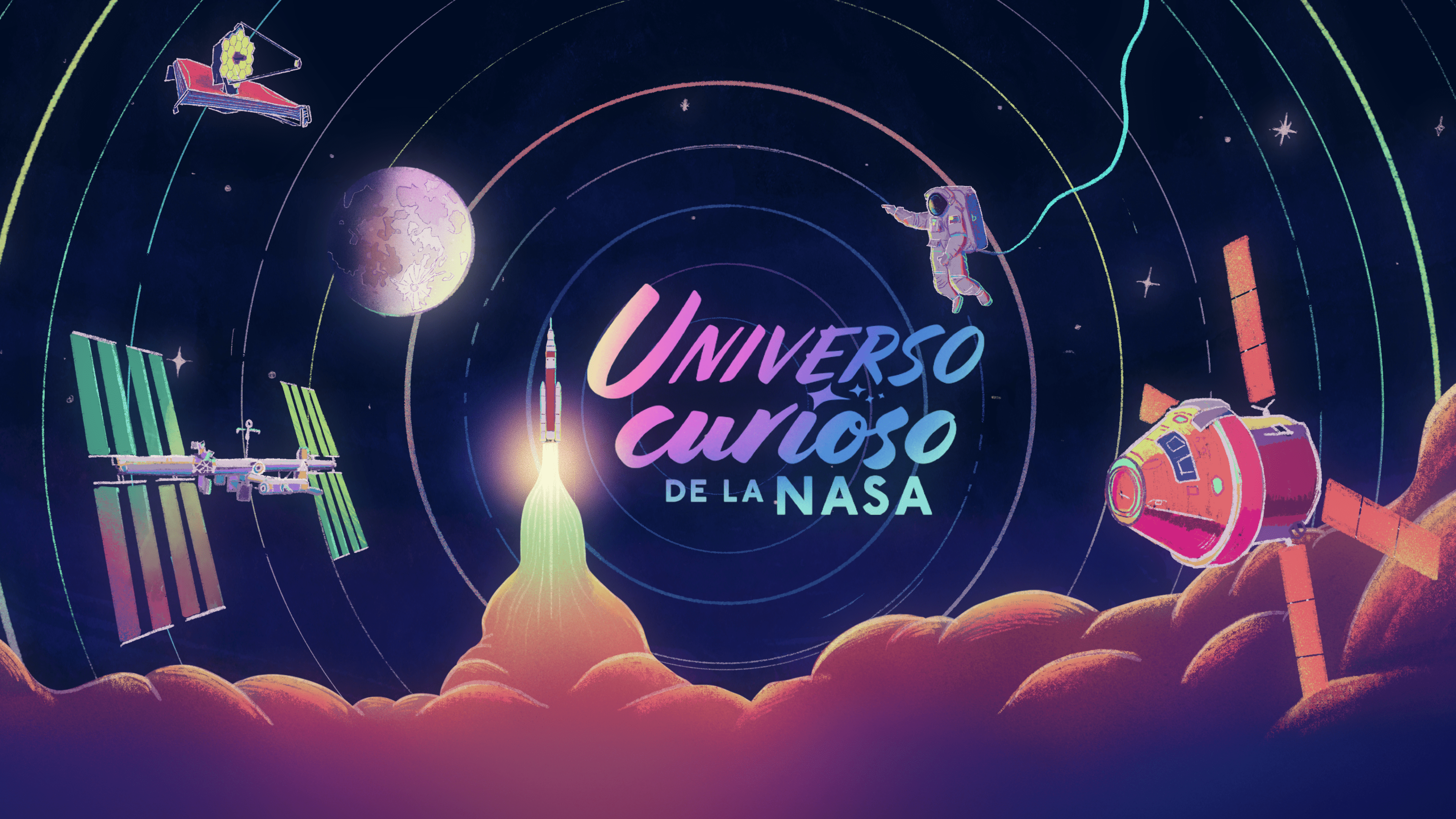 Diseño del pódcast Universo curioso de la NASA, el primer pódcast en español de la agencia. La imagen es una ilustración colorida que muestra diferentes elementos espaciales: un cohete despegando, el telescopio espacial James Webb, la nave espacial Orion, un astronauta, la luna, y la Estación Espacial Internacional. En el centro de la imagen aparece el logo del pódcast en diferentes tonos de rosa, violeta, azul y verde.