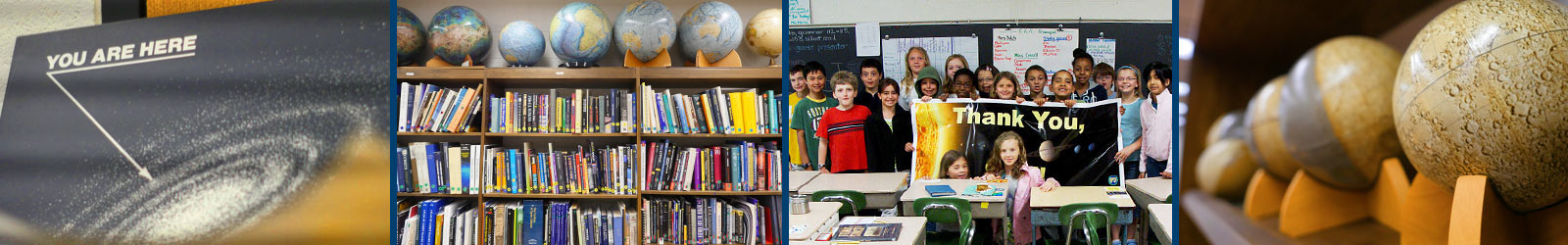 SPIF Banner: globes library visitors