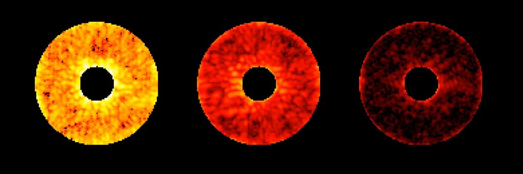 This graphic shows a test of the Roman Coronagraph Instrument that engineers call “digging the dark hole.” At left, starlight leaks into the field of view when only fixed components are used. The middle and right images show more starlight being removed a