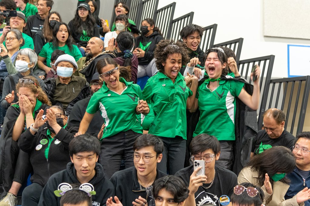 Students from Da Vinci Schools Team 4201 (“Vitruvian Bots”) react in the stands during the 2023 FIRST Robotics Competition Los Angeles Regional.