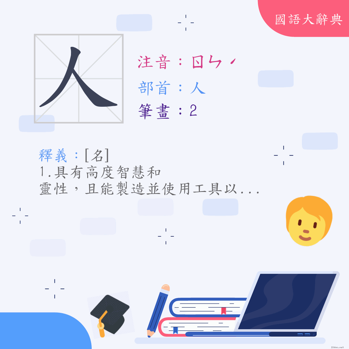 漢字:人 (注音:ㄖㄣˊ,部首:人)