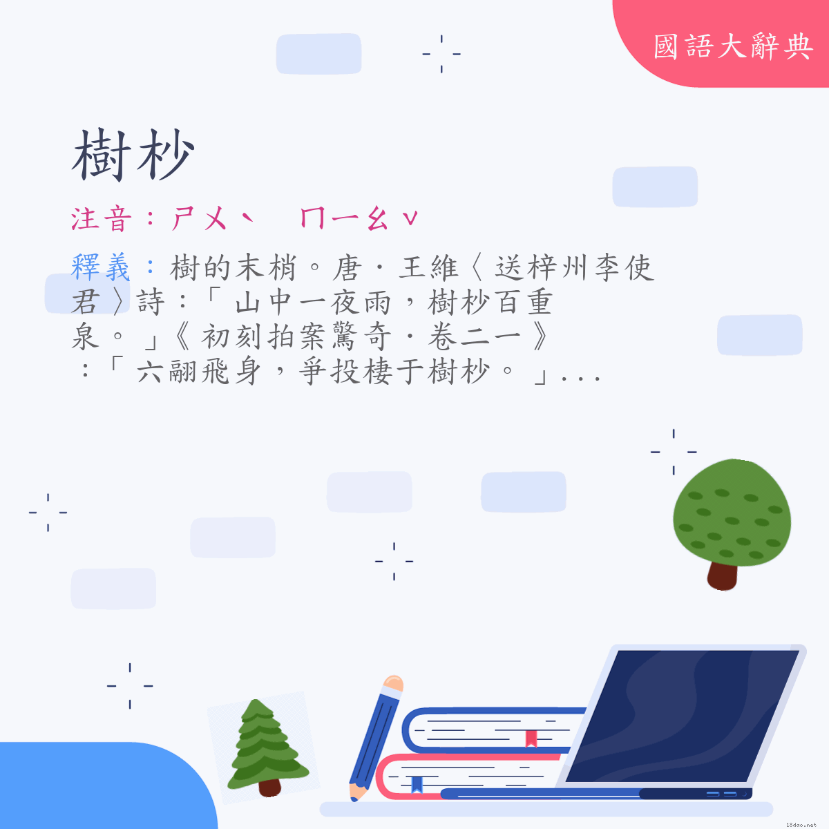 詞語:樹杪 (注音:ㄕㄨˋ　ㄇㄧㄠˇ)