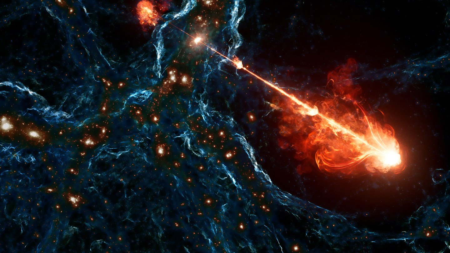 Artwork of a giant jet blasting through the filaments of the cosmic web