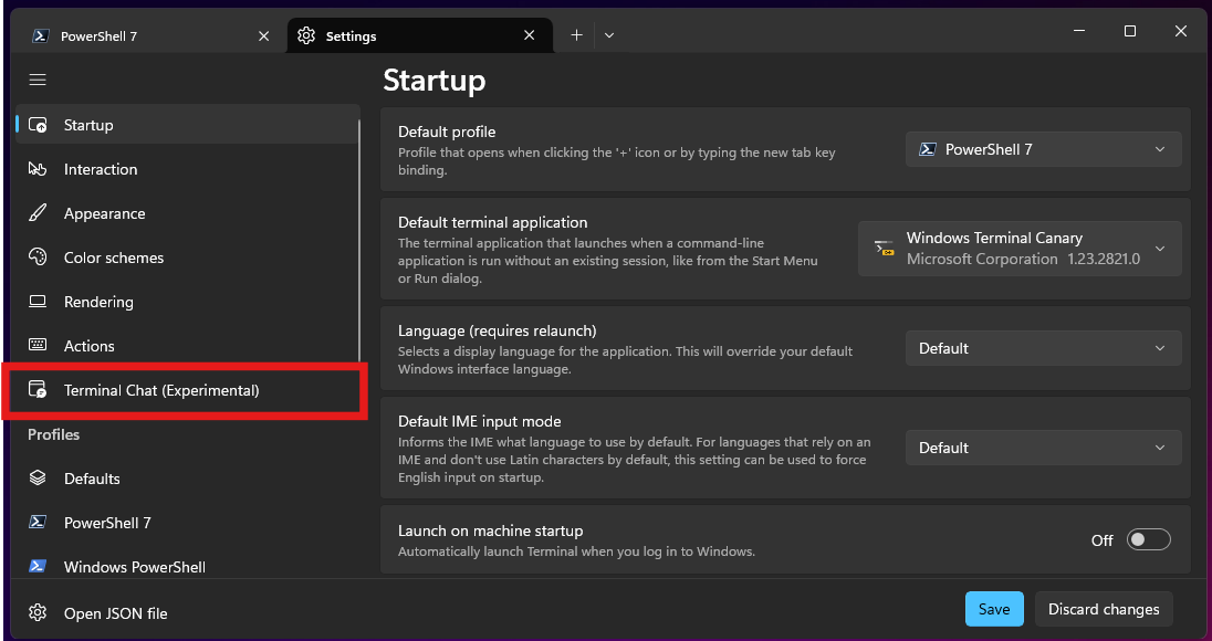 터미널 채팅(실험적) 항목이 강조 표시된 Windows Terminal의 설정 메뉴 스크린샷