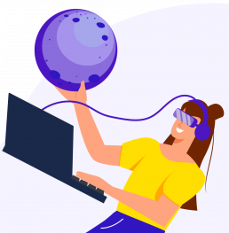 Apprentice icon, a light-skinned female presenting person holding the moon in one hand and a laptop in the other while wearing headphones connected to the laptop.