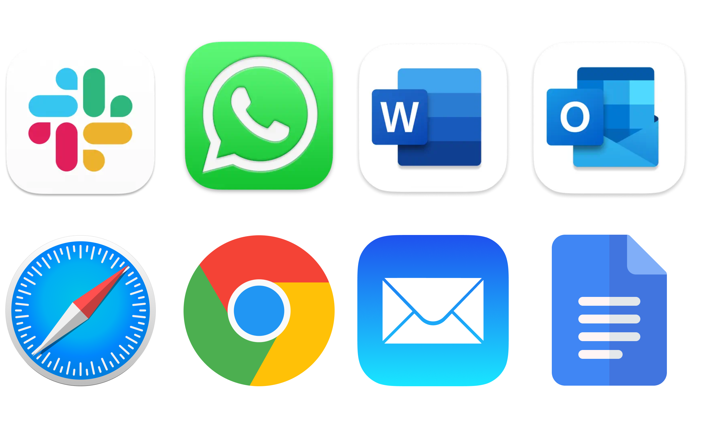 Safari, Google Docs, Mail, Outlook, Word, Teams, What's App, Slack