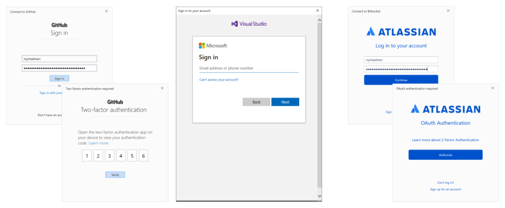Screenshots of authentication dialogs for various Git hosting providers