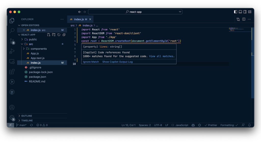 Screenshot showing the index.js file in a code editor.