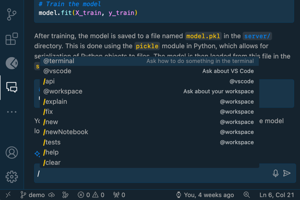 slash commands in VS Code terminal. commands shown are listed in the table above