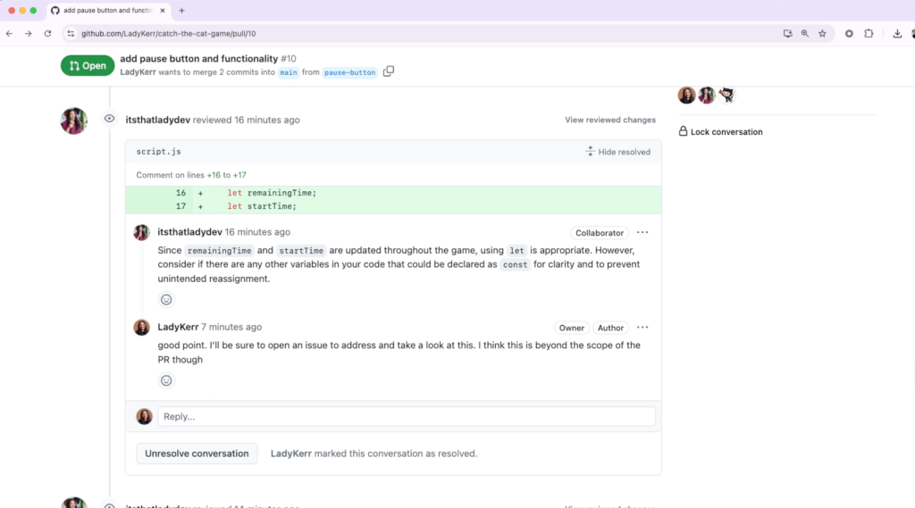 A GitHub pull request review shows comments on two new variables remainingTime and startTime added in script.js. The reviewer suggests using const where possible. The author agrees but notes it's beyond the current PR's scope and will address it later. The conversation is marked as resolved.