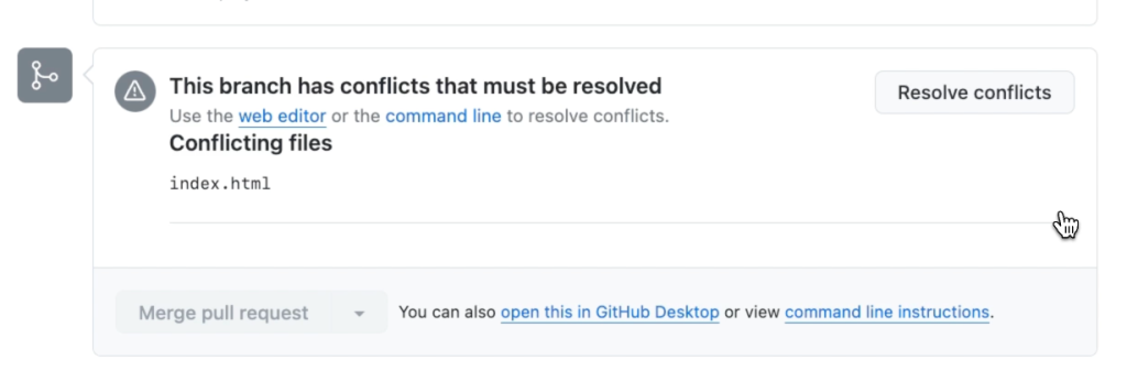 A GitHub pull request shows a message indicating that the branch has conflicts that must be resolved, with the conflicting file listed as index.html. The Merge pull request button is disabled, and there is an option to Resolve conflicts.