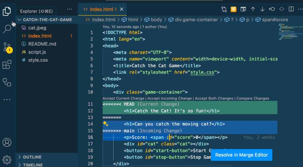 A Visual Studio Code window shows a merge conflict in the index.html file for the Catch the Cat Game project. The conflict is between the current change (Catch the Cat! It's so fun!) and the incoming change (Can you catch the moving cat?). Options to accept changes or resolve in the merge editor are displayed.