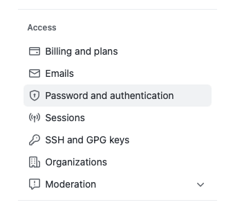 GitHub account access menu with 'Password and authentication' selected.