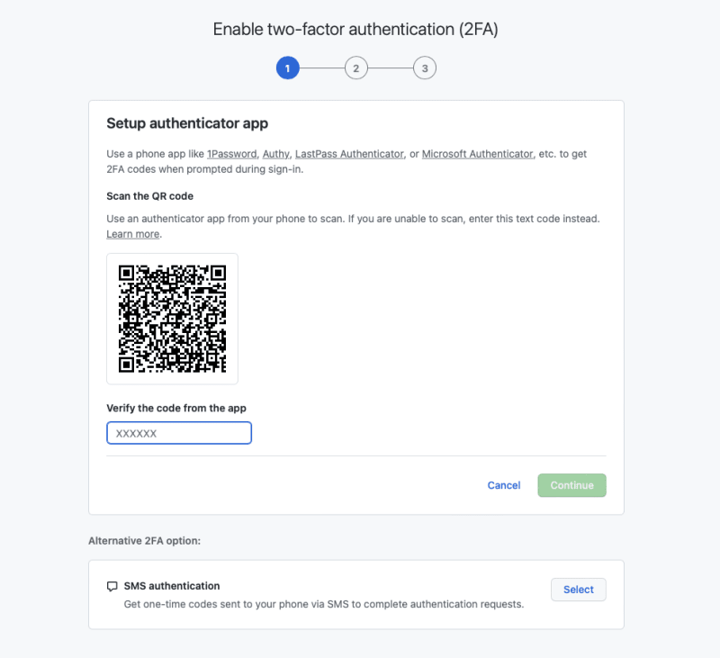 GitHub setup page for enabling two-factor authentication using an authenticator app with QR code and SMS option